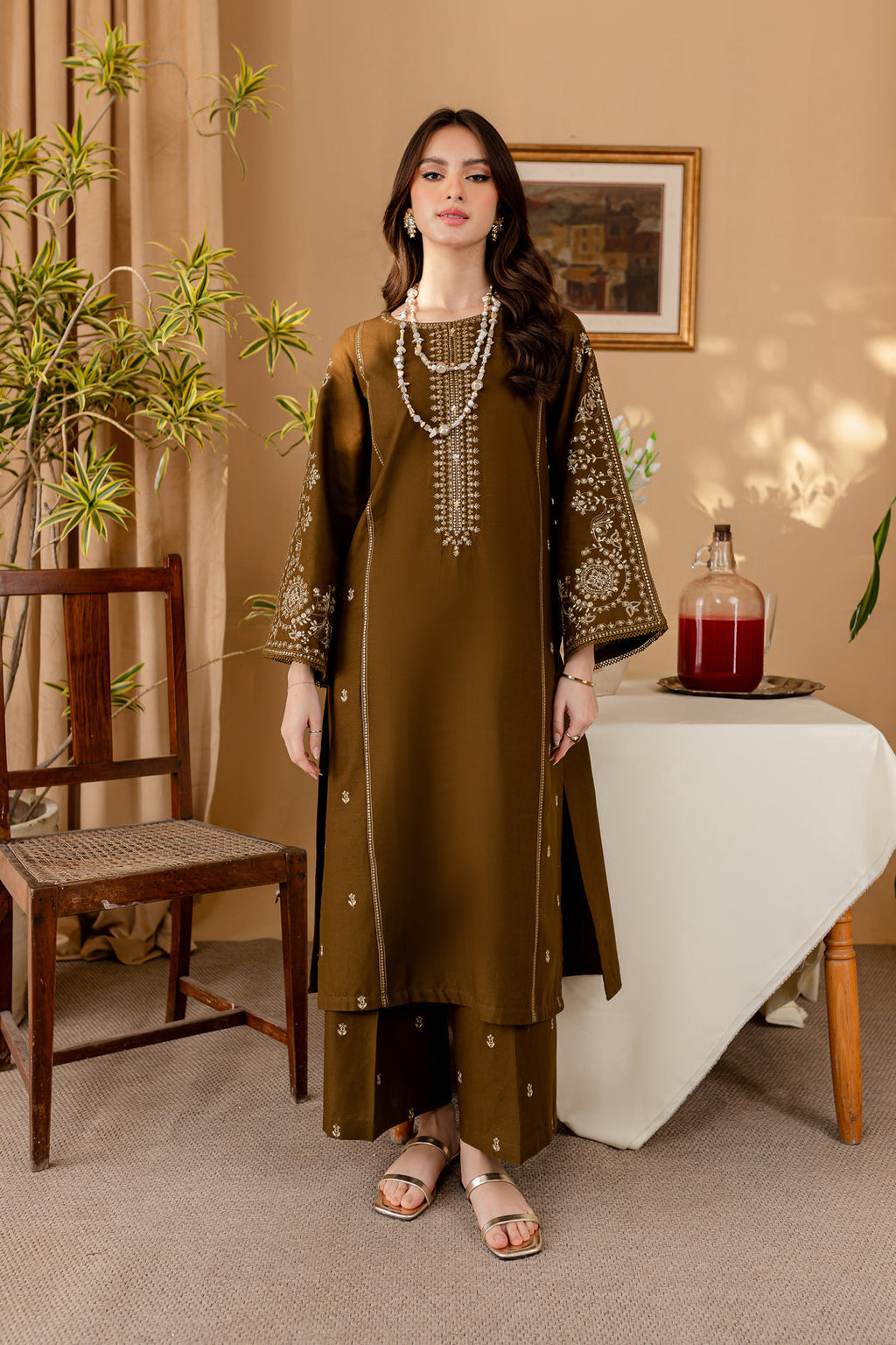 Green 2Pc - Embroidered Dress