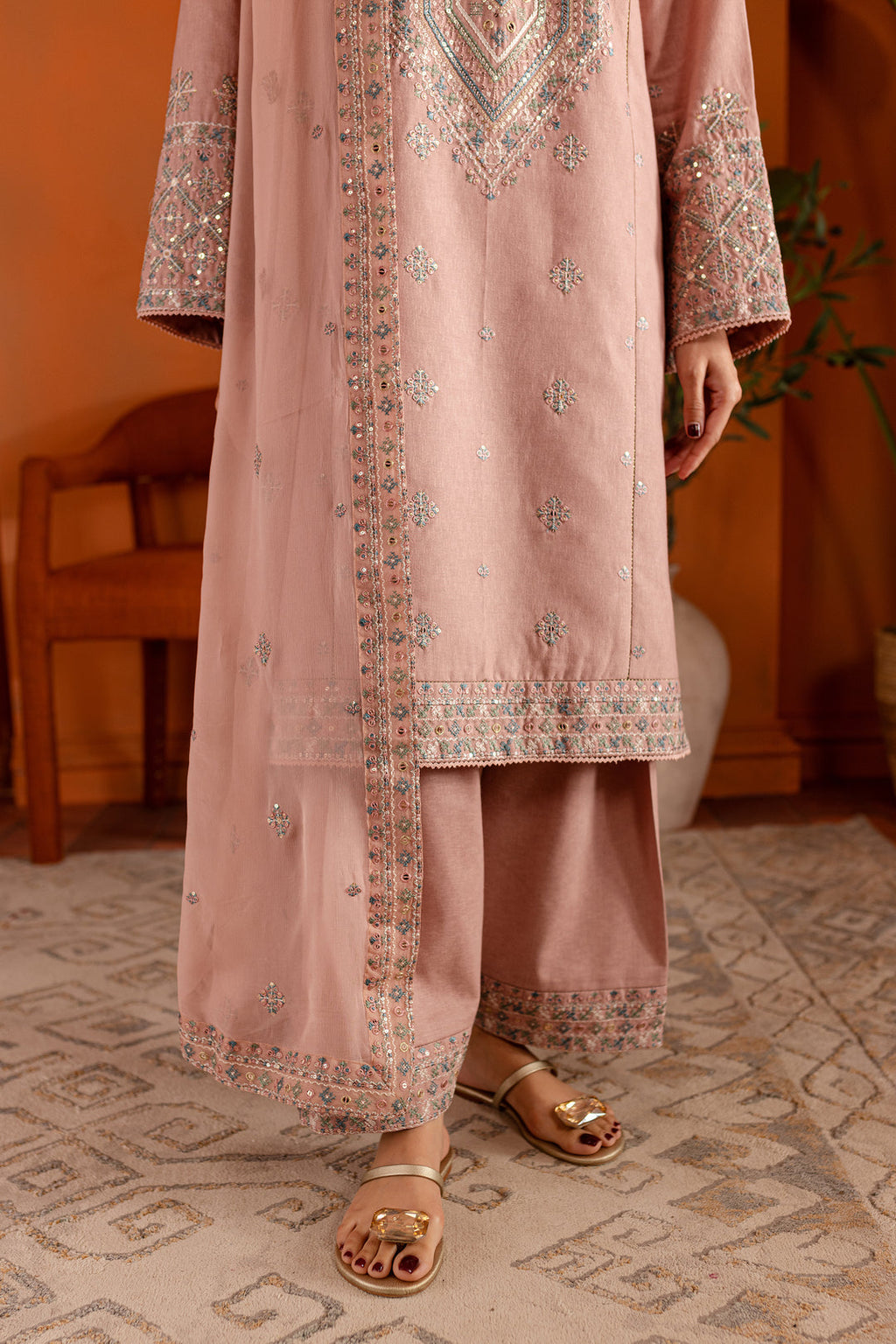 Best Selling - Pink Lotus 3Pc- Embroidered Dress