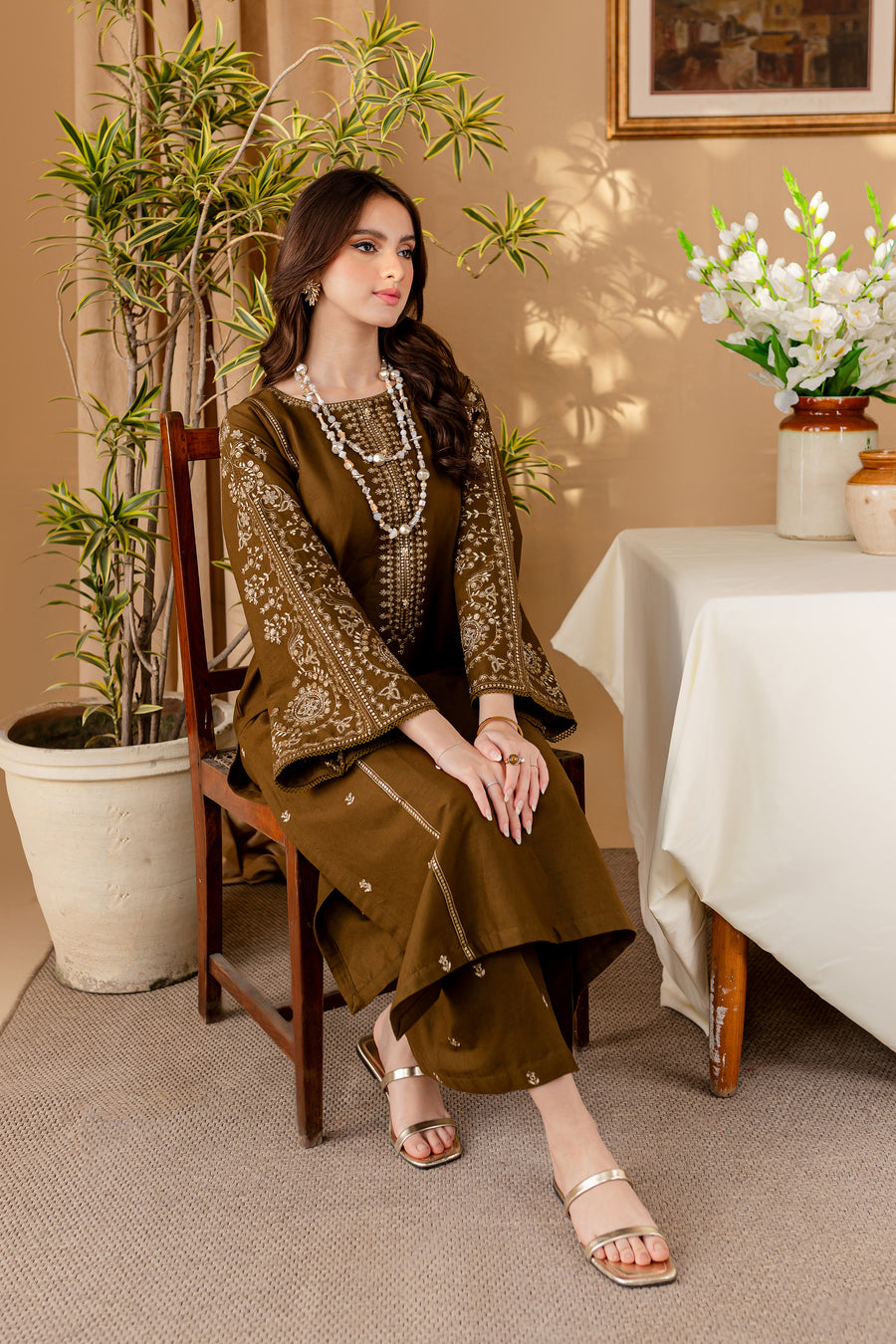 Green 2Pc - Embroidered Dress